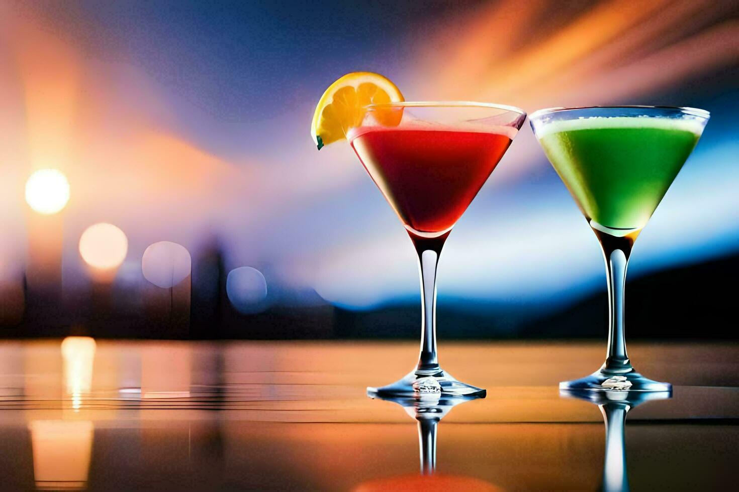 twee kleurrijk cocktails zitten Aan een tafel met een wazig achtergrond. ai-gegenereerd foto