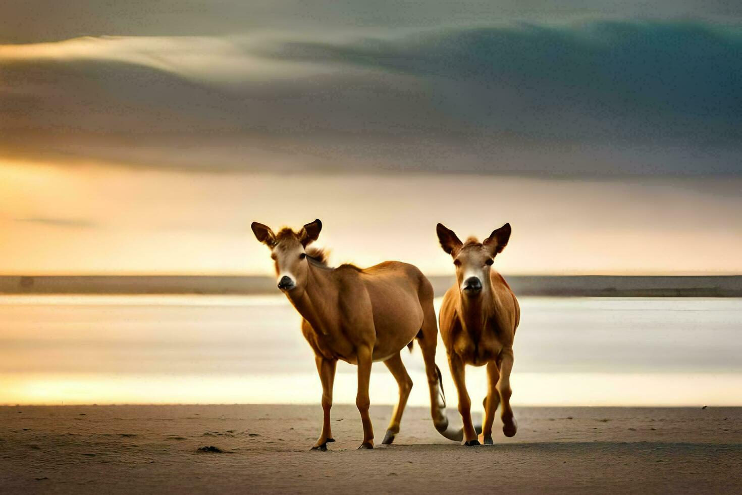 twee bruin koeien staand Aan de strand Bij zonsondergang. ai-gegenereerd foto
