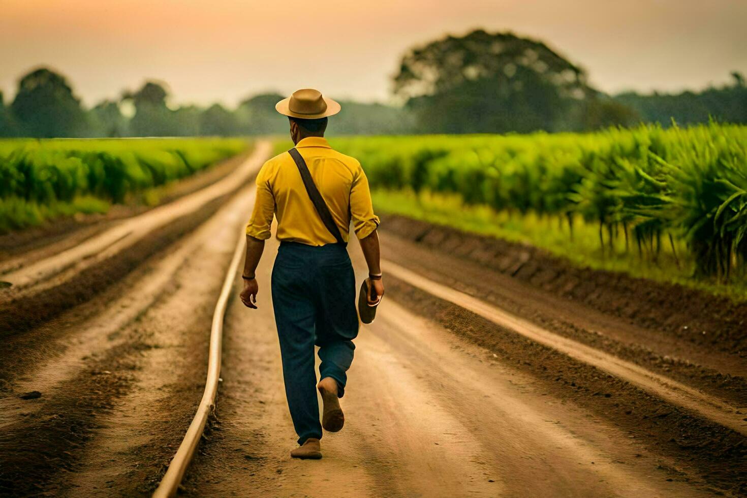 een Mens in een hoed wandelingen naar beneden een aarde weg. ai-gegenereerd foto