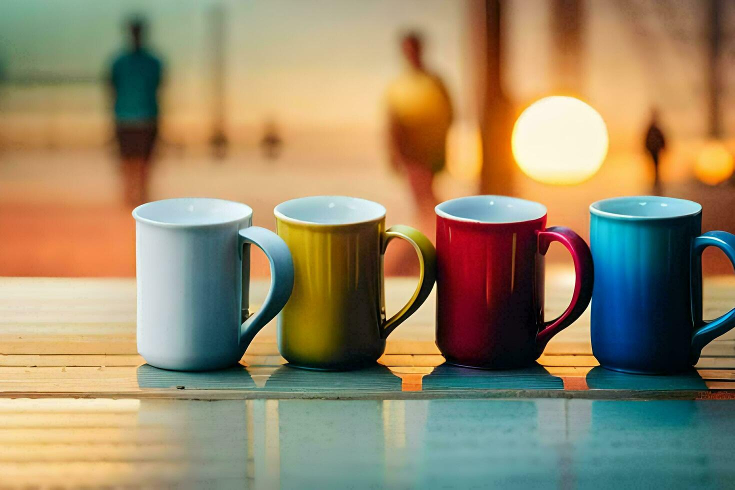 vier koffie cups bekleed omhoog Aan een tafel met een zonsondergang in de achtergrond. ai-gegenereerd foto