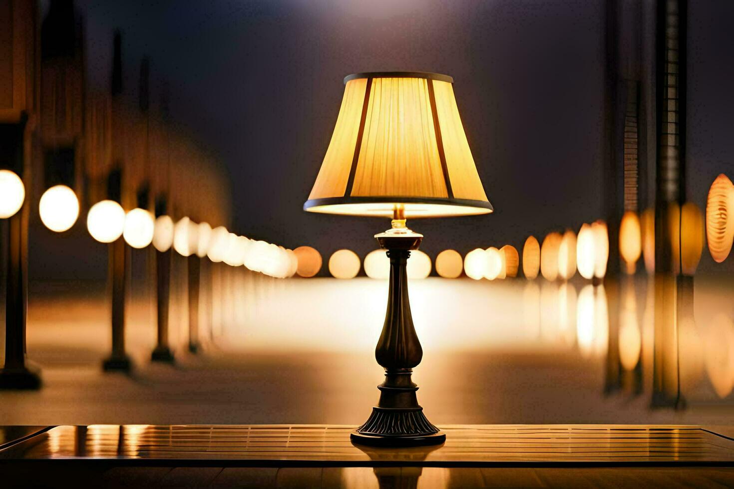 een lamp Aan een tafel in voorkant van een donker achtergrond. ai-gegenereerd foto