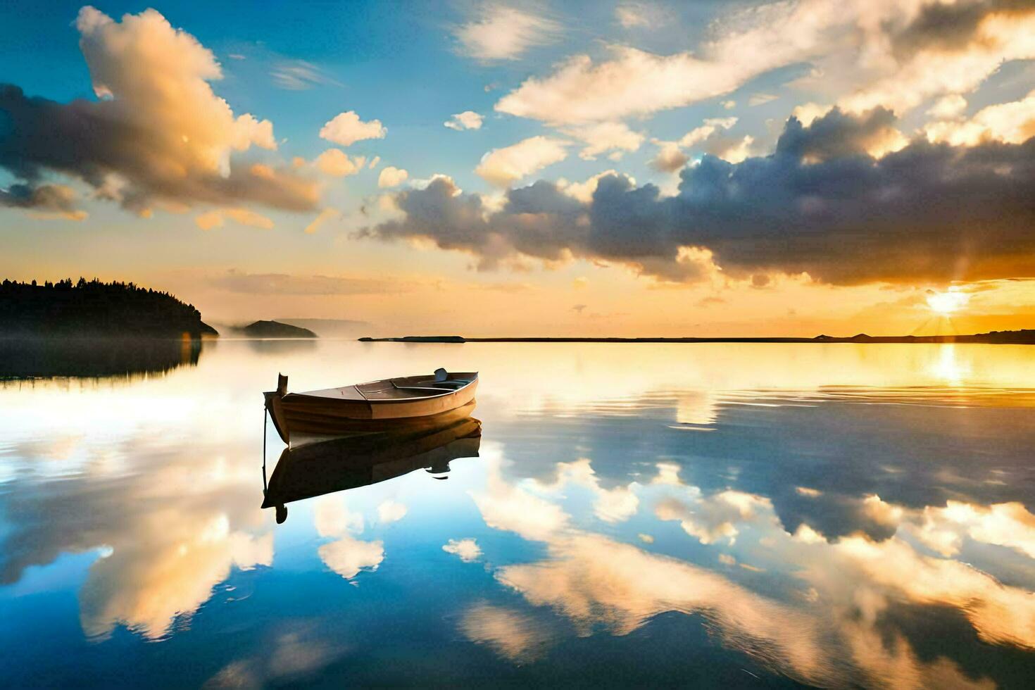 een boot is drijvend in de water Bij zonsondergang. ai-gegenereerd foto