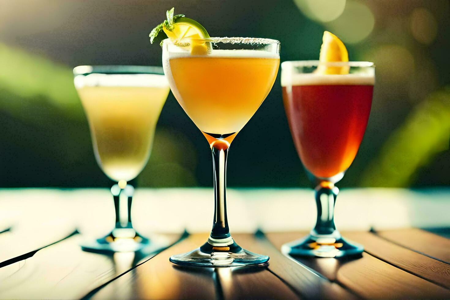 drie verschillend types van cocktails Aan een tafel. ai-gegenereerd foto