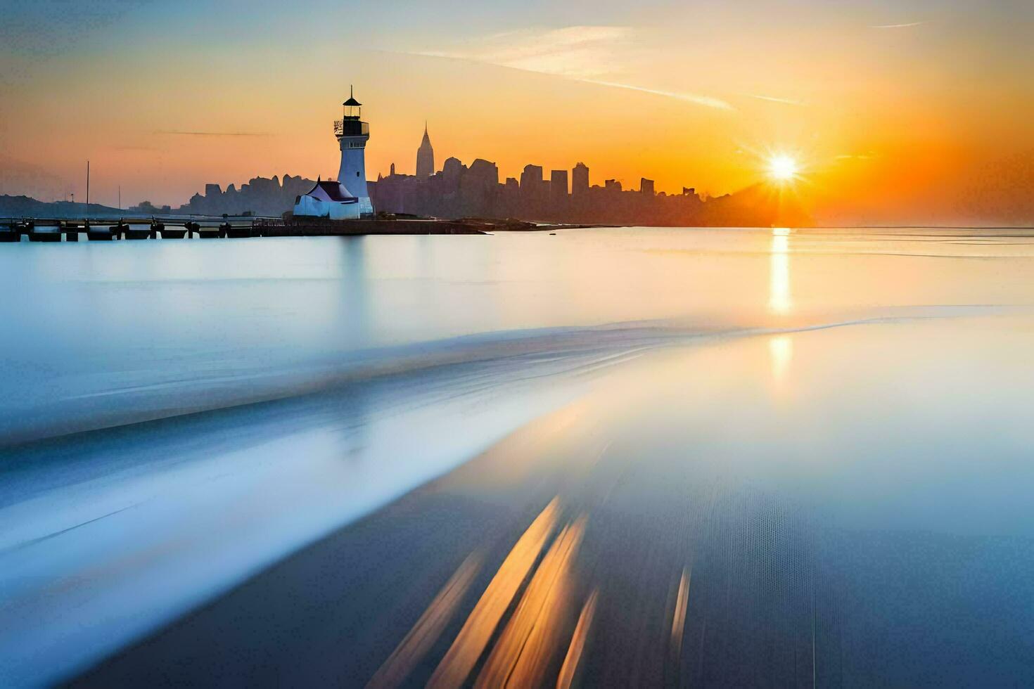 een vuurtoren staat in de water Bij zonsondergang. ai-gegenereerd foto