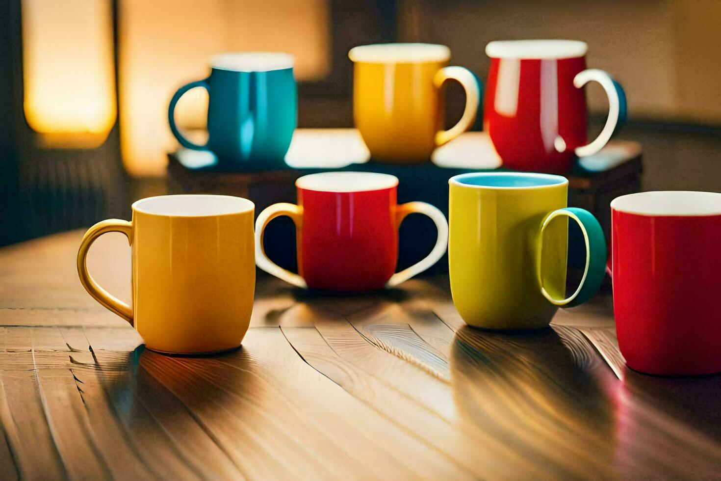 kleurrijk koffie cups Aan een houten tafel. ai-gegenereerd foto