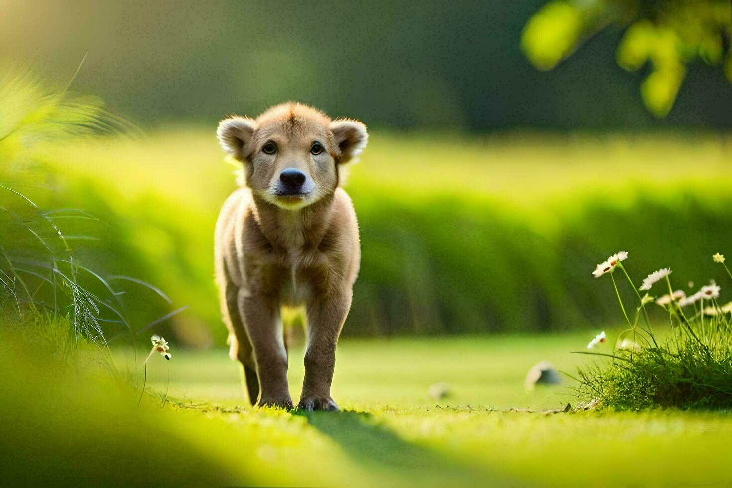 een klein hond is wandelen door een met gras begroeid veld. ai-gegenereerd foto