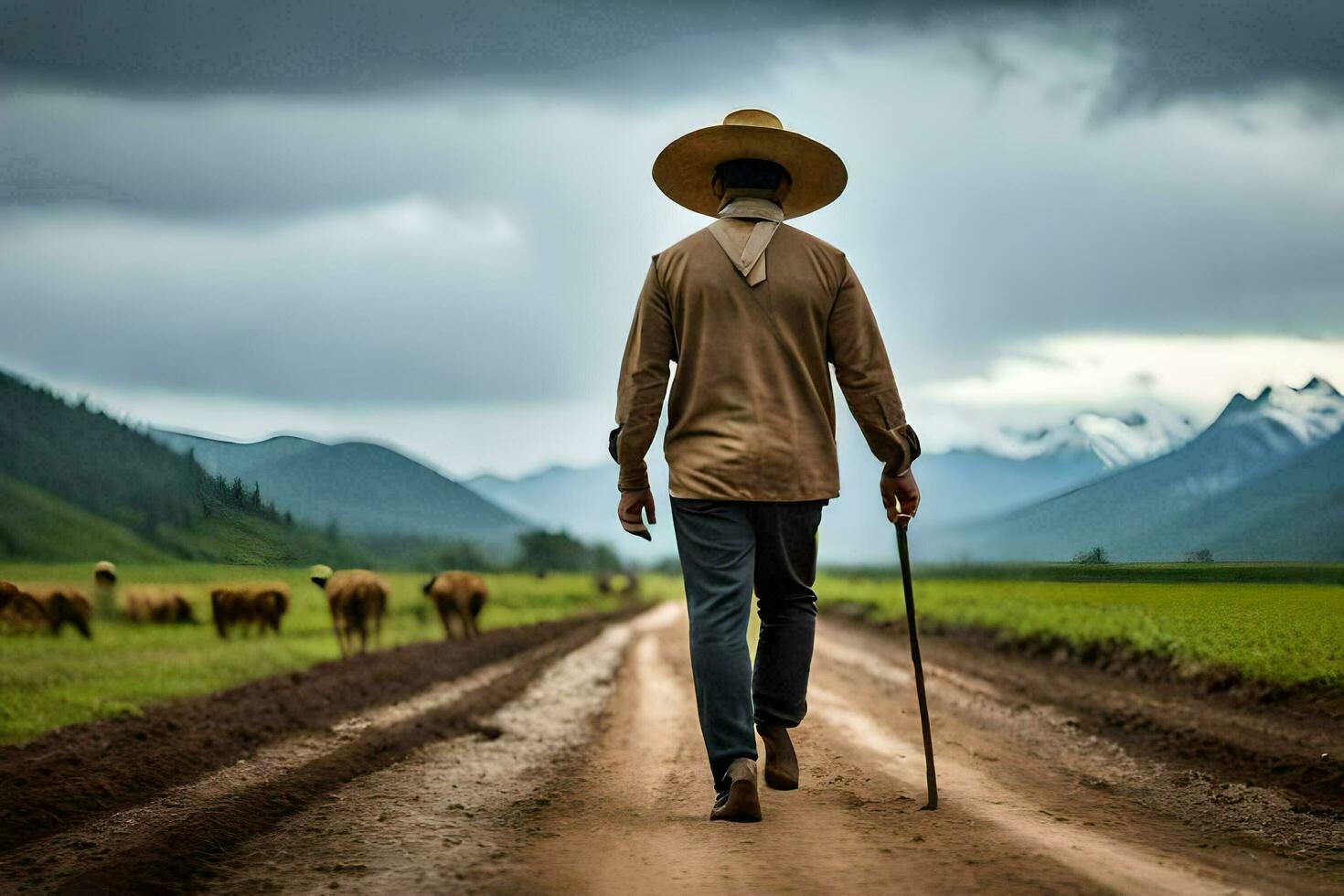 een Mens wandelen naar beneden een aarde weg met schapen in de achtergrond. ai-gegenereerd foto