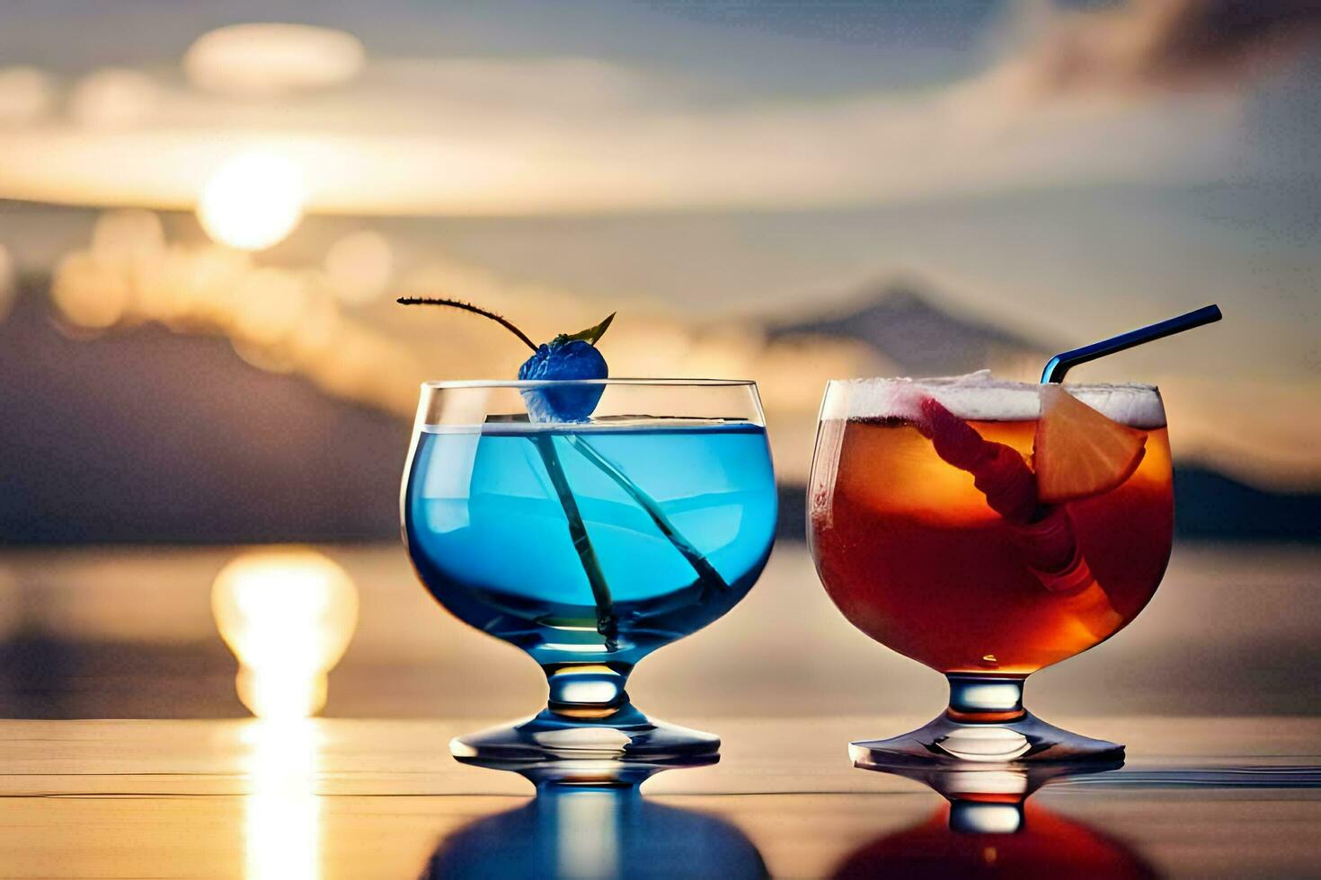 twee bril van drankjes met een zonsondergang in de achtergrond. ai-gegenereerd foto