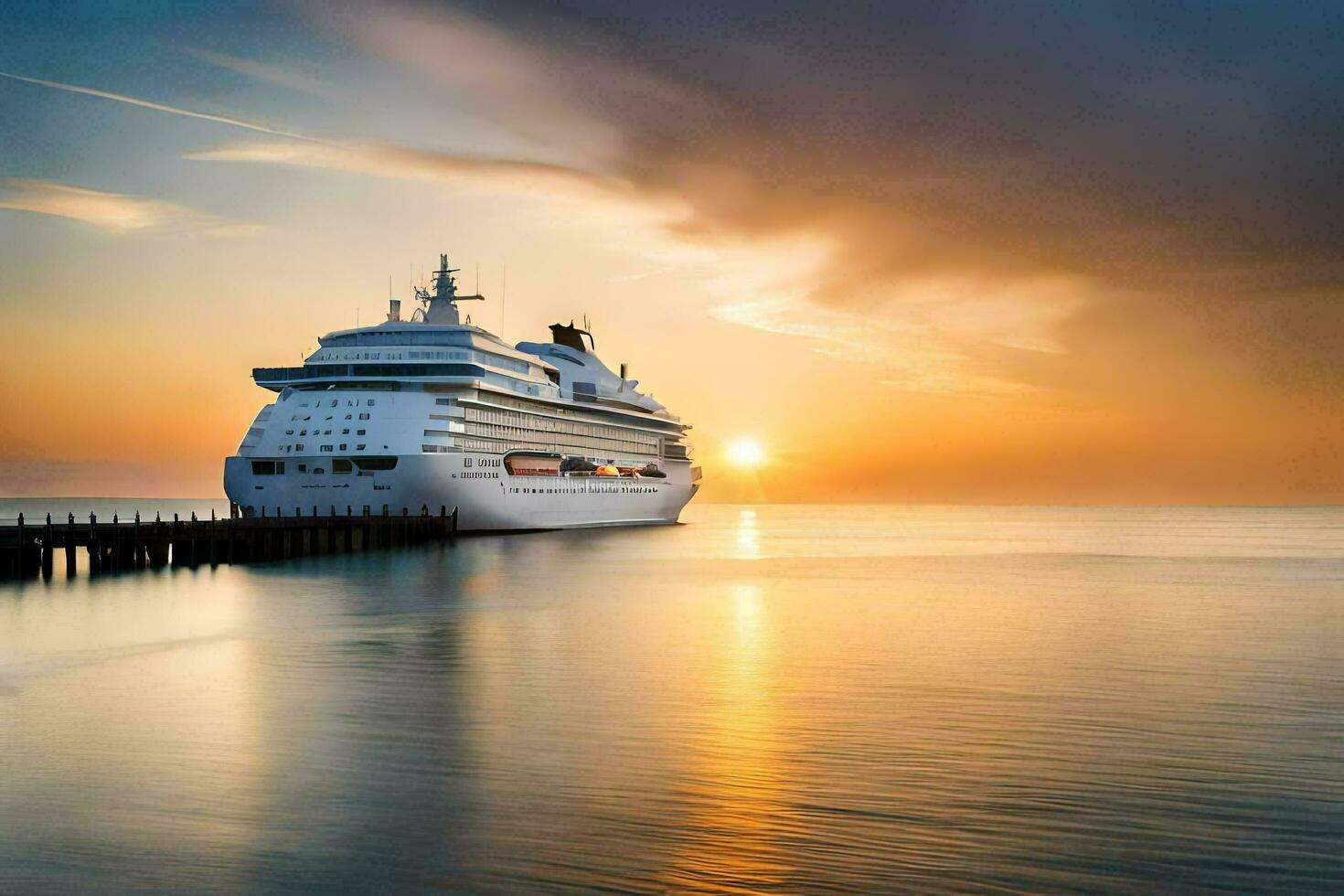 een reis schip in de oceaan Bij zonsondergang. ai-gegenereerd foto