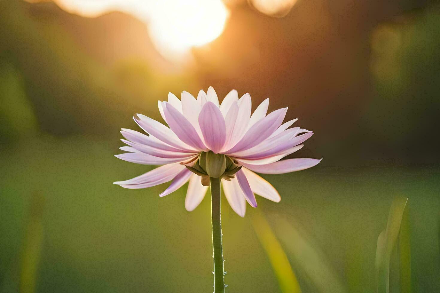 een single roze bloem is in de voorgrond van een zonsondergang. ai-gegenereerd foto