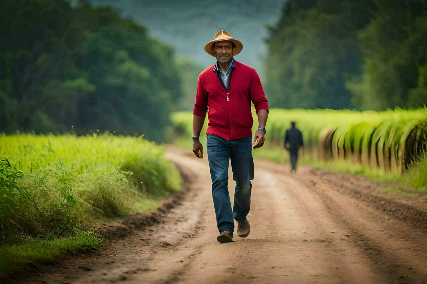 een Mens in een rood overhemd en hoed wandelen naar beneden een aarde weg. ai-gegenereerd foto