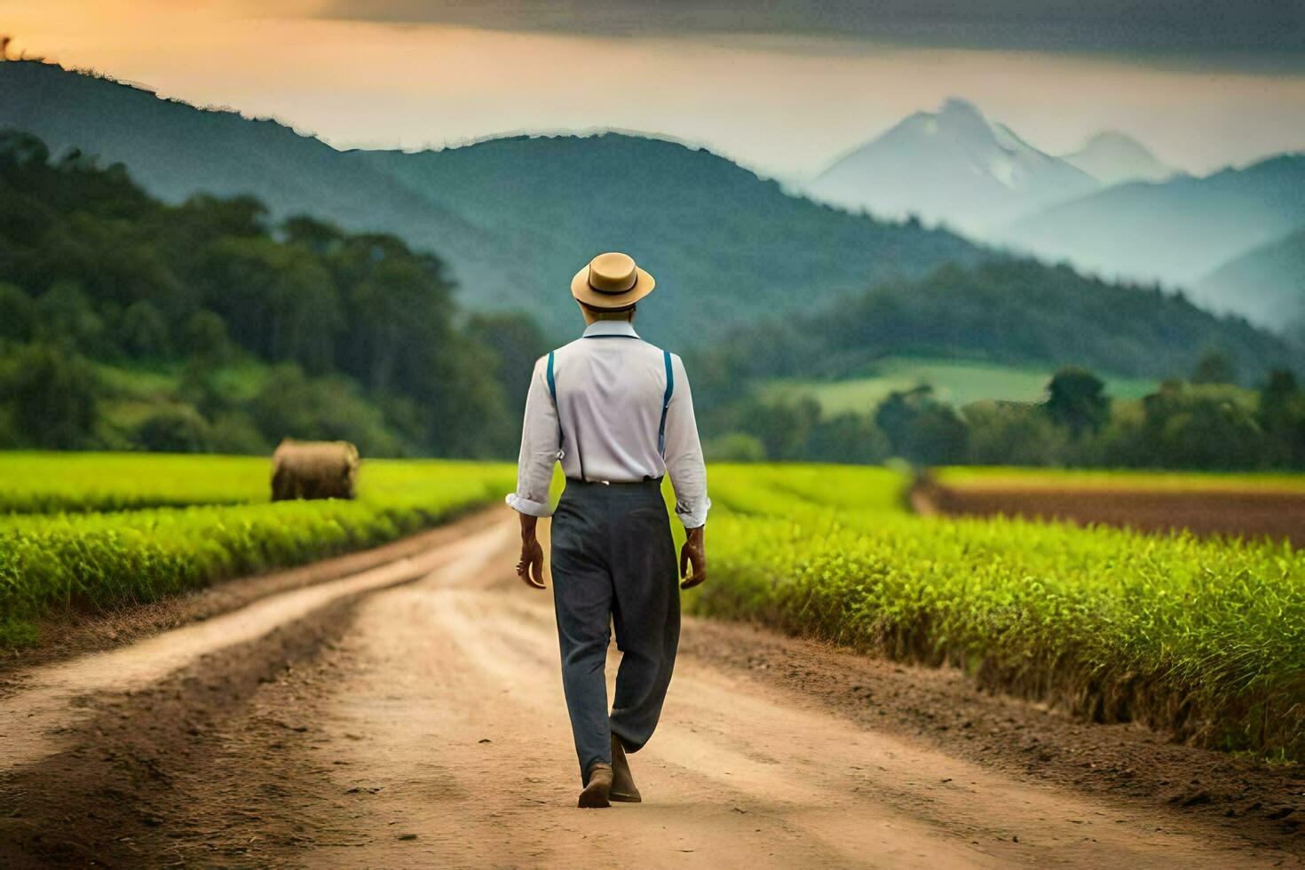 een Mens in een hoed en bretels wandelen naar beneden een aarde weg. ai-gegenereerd foto