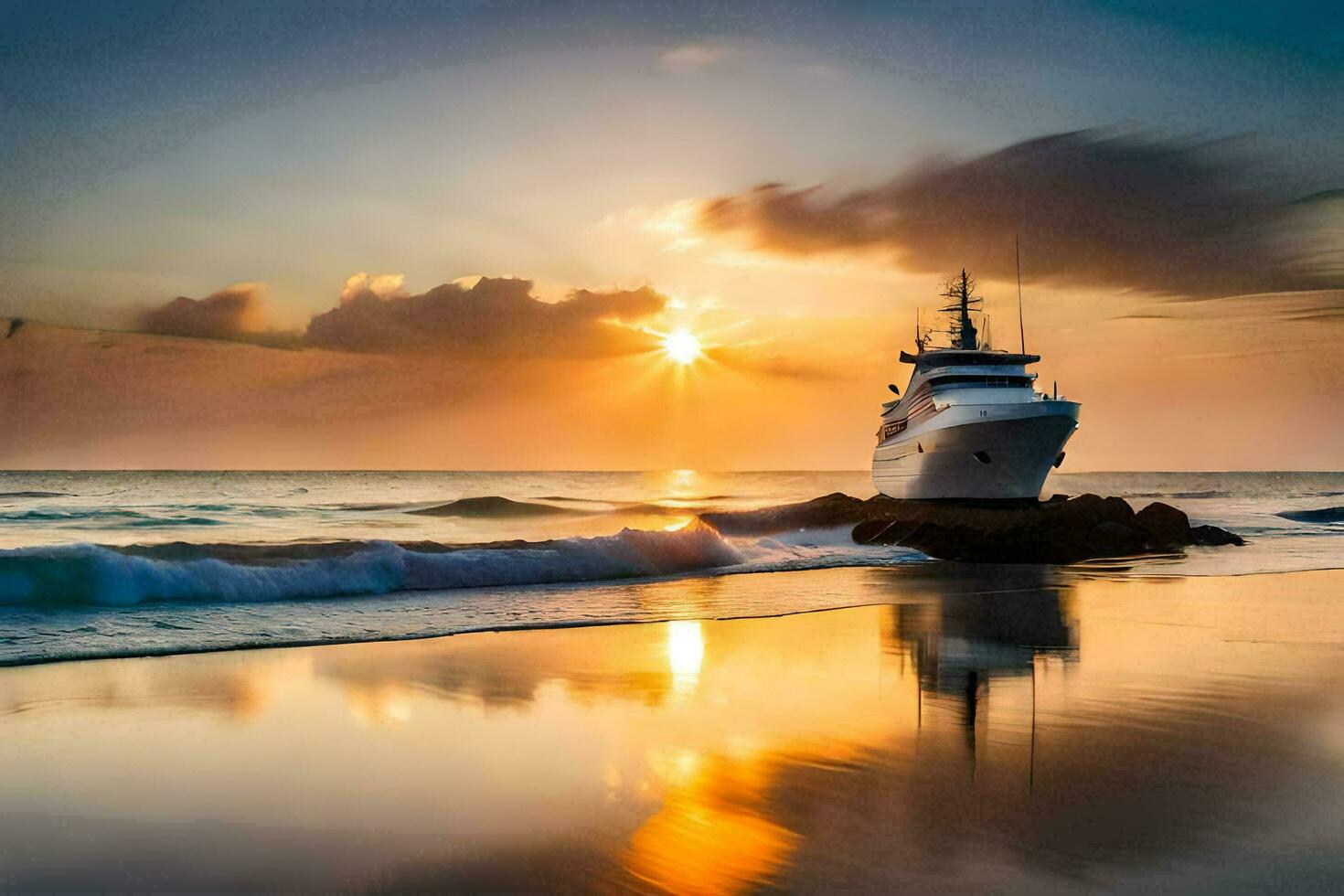 een jacht is zittend Aan de strand Bij zonsondergang. ai-gegenereerd foto