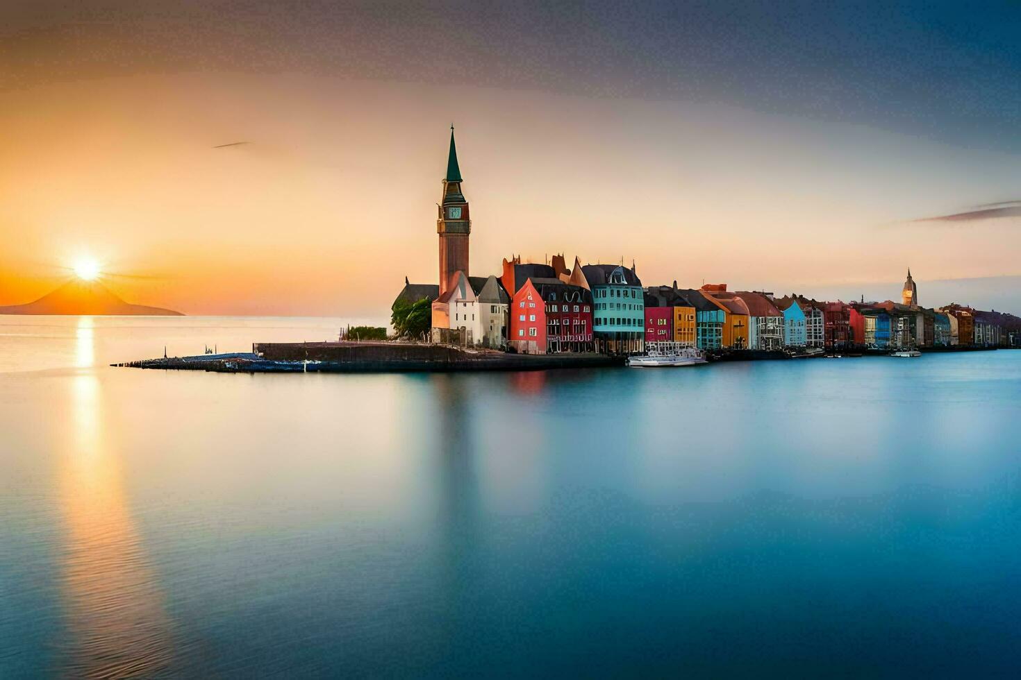 kleurrijk huizen Aan een eiland Bij zonsondergang. ai-gegenereerd foto