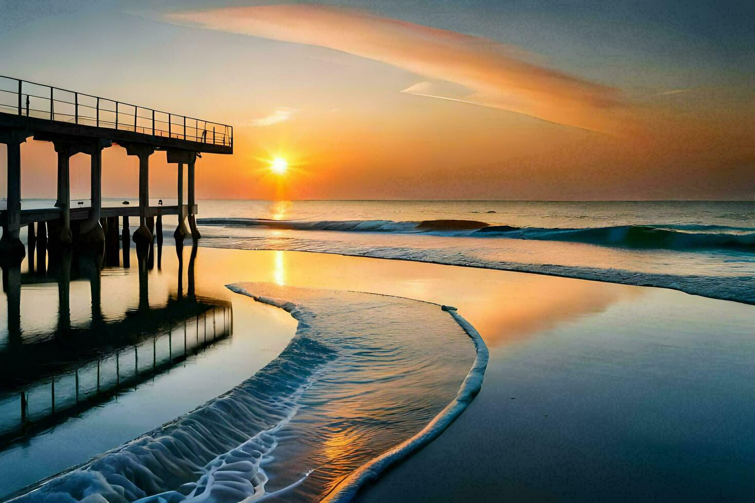 een pier Bij zonsondergang met golven crashen in de water. ai-gegenereerd foto