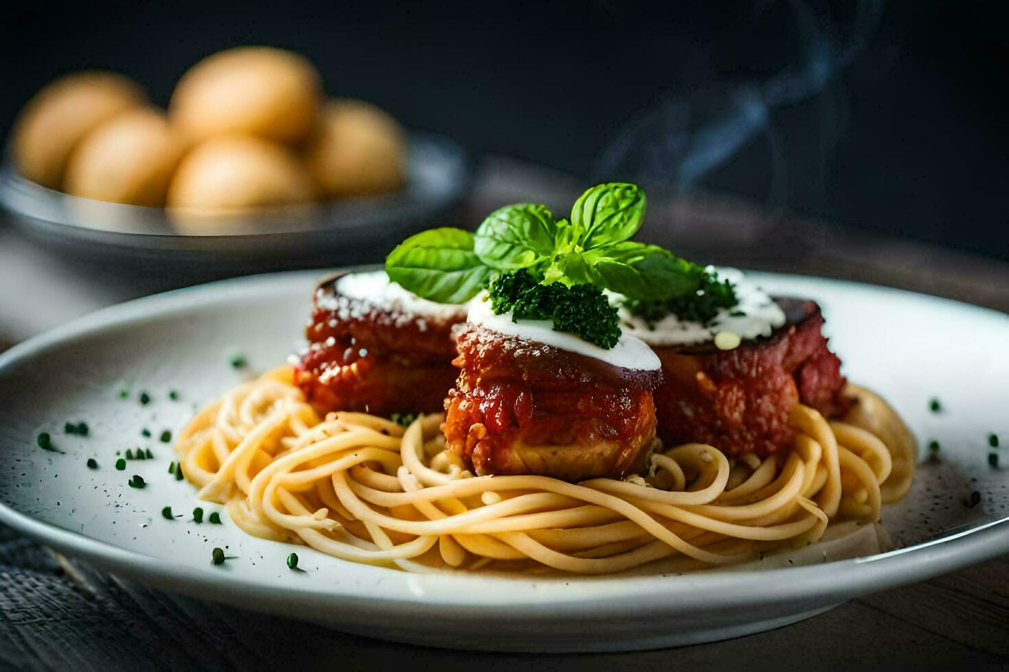 spaghetti met gehaktballen en saus Aan een bord. ai-gegenereerd foto