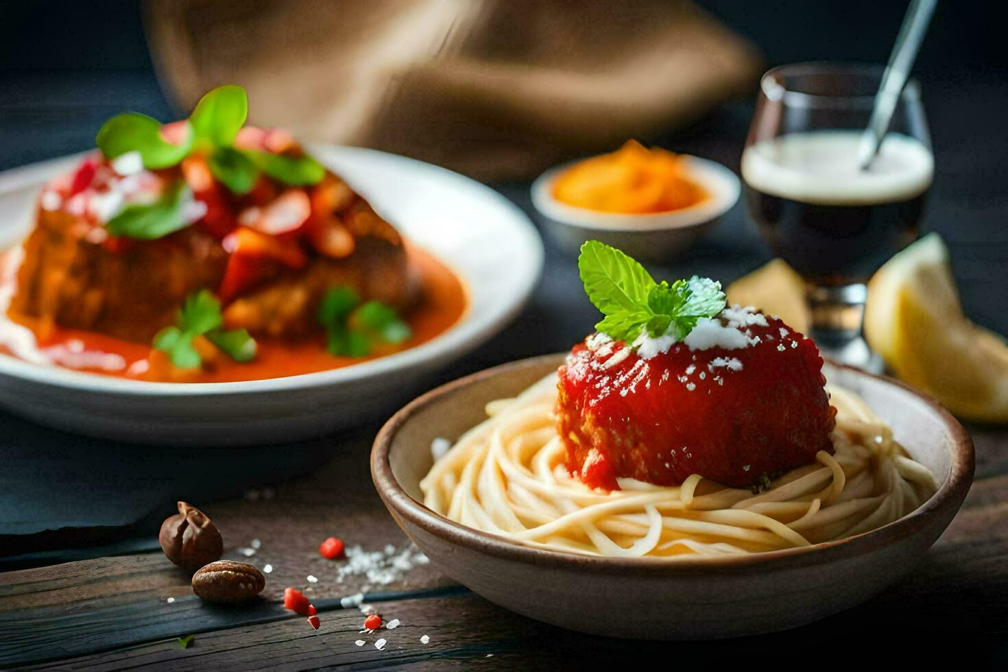 spaghetti en gehaktballen in een schaal. ai-gegenereerd foto