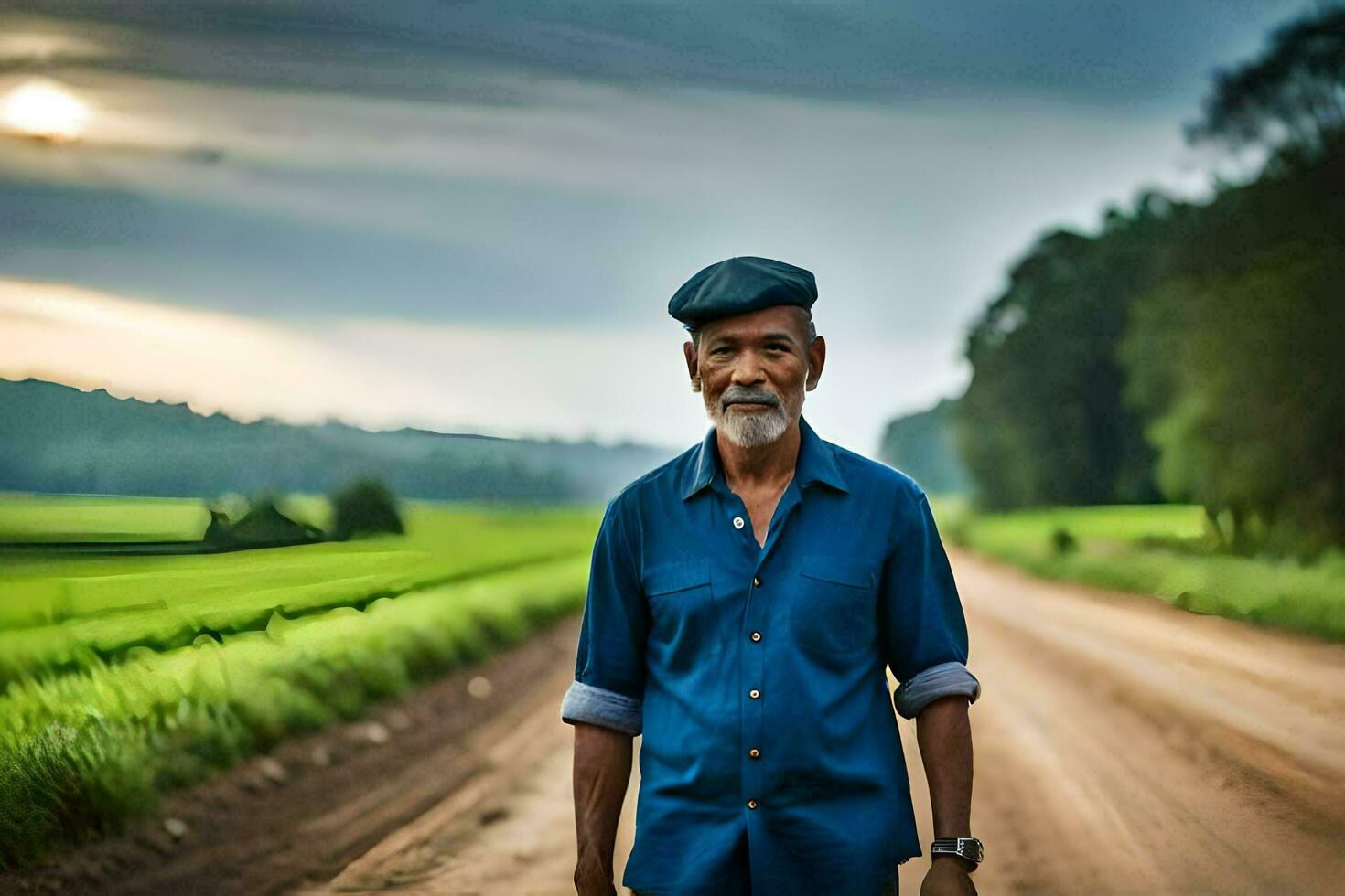 een oud Mens staand Aan een aarde weg. ai-gegenereerd foto