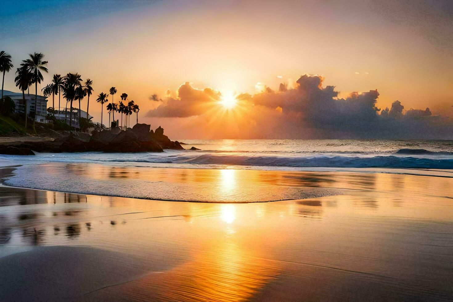 de zon sets Aan de strand in puerto rico. ai-gegenereerd foto