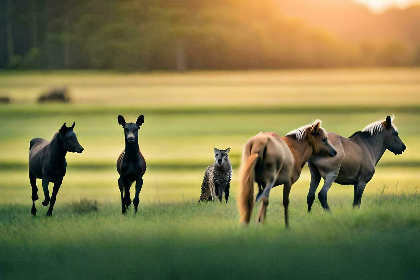 een groep van paarden en een vos in een veld. ai-gegenereerd foto
