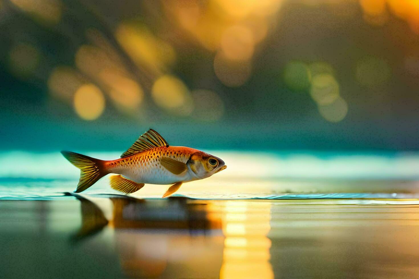 een vis is staand Aan de water Bij zonsondergang. ai-gegenereerd foto