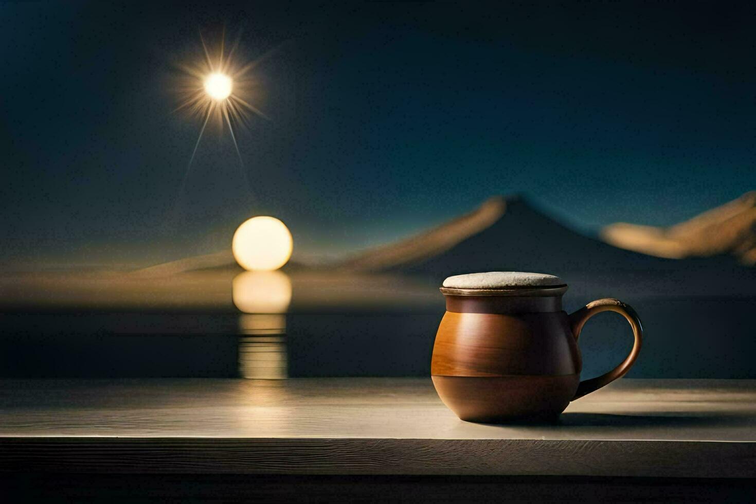 een mok van bier Aan een tafel in voorkant van een berg. ai-gegenereerd foto