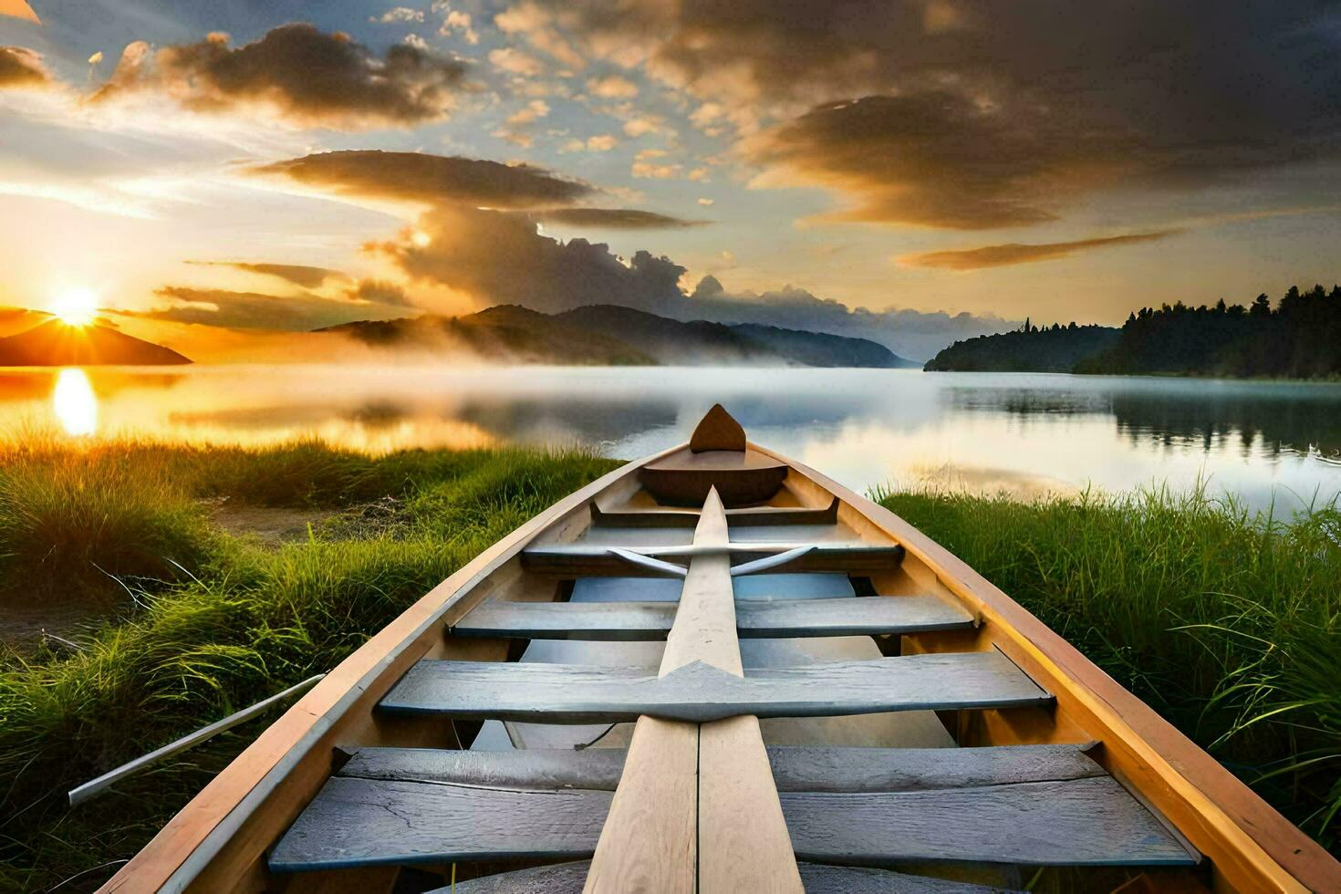 de boot is Aan de kust van een meer Bij zonsondergang. ai-gegenereerd foto