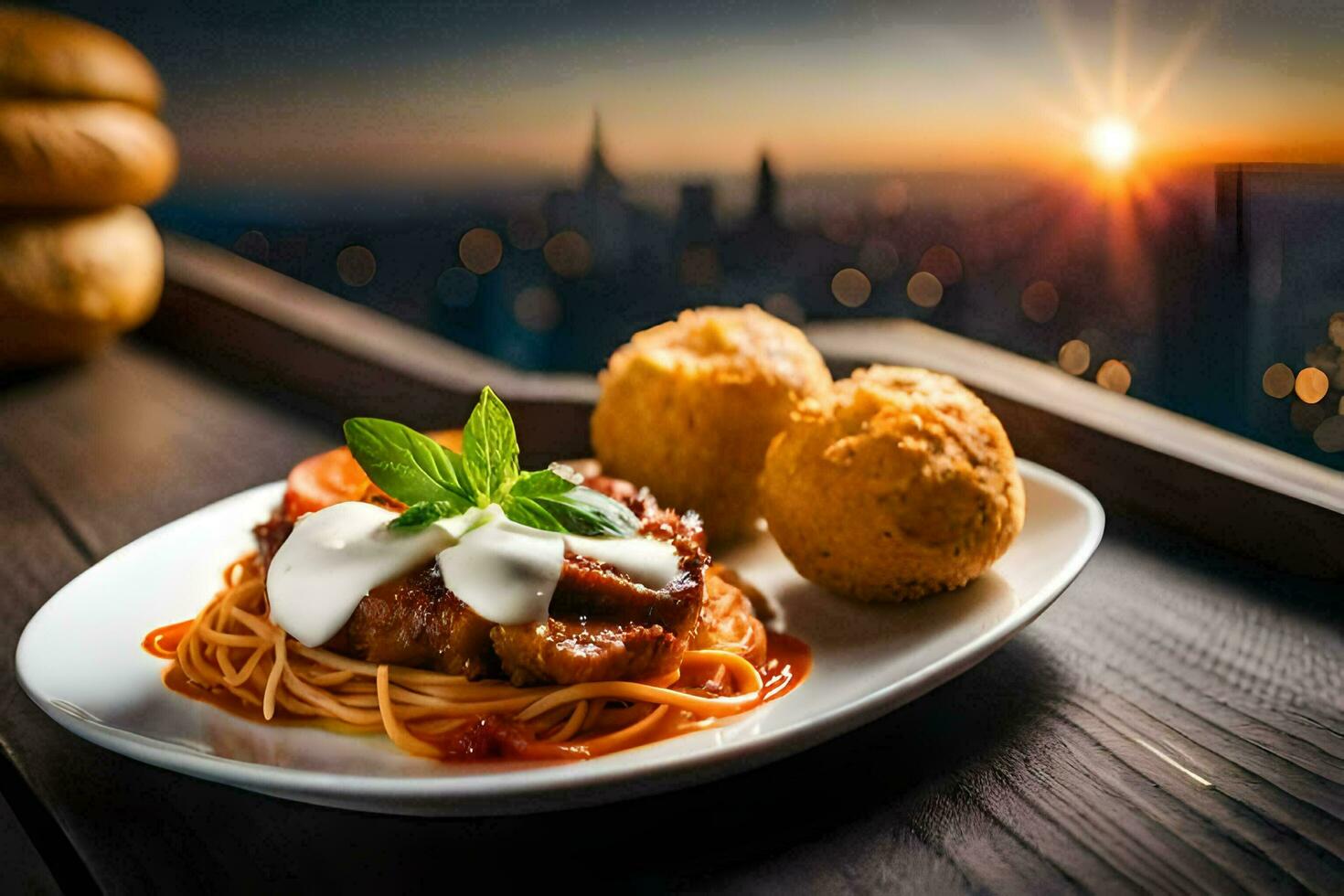 spaghetti met gehaktballen en tomaat saus Aan een bord. ai-gegenereerd foto