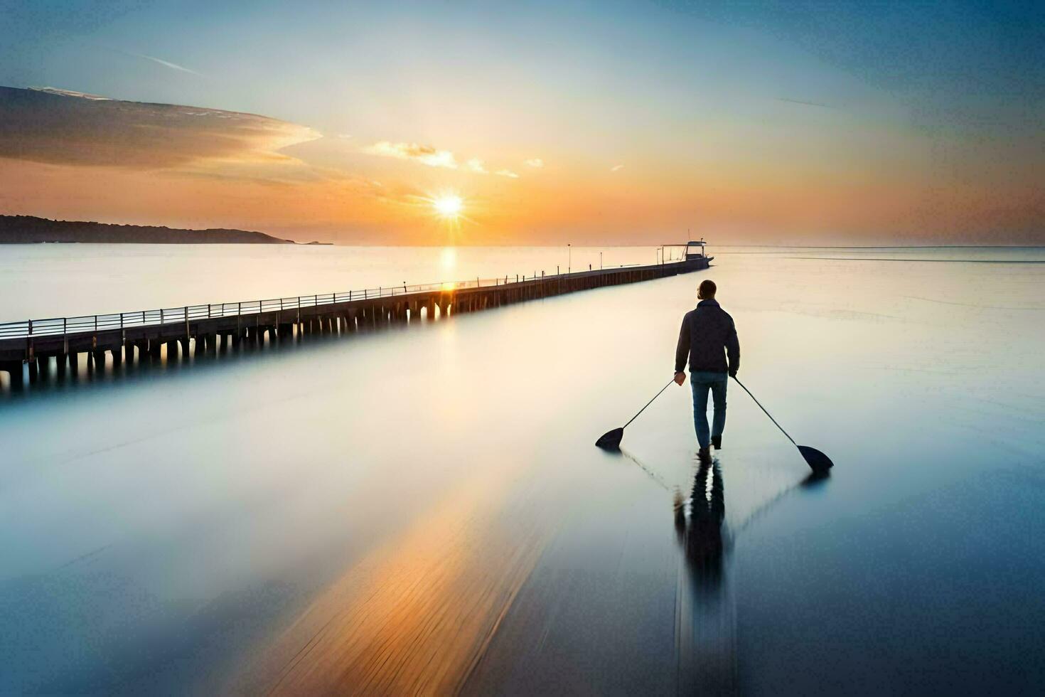 een Mens is staand Aan een peddelen bord Bij de strand. ai-gegenereerd foto