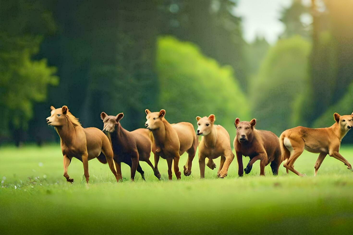 een groep van paarden rennen in de gras. ai-gegenereerd foto