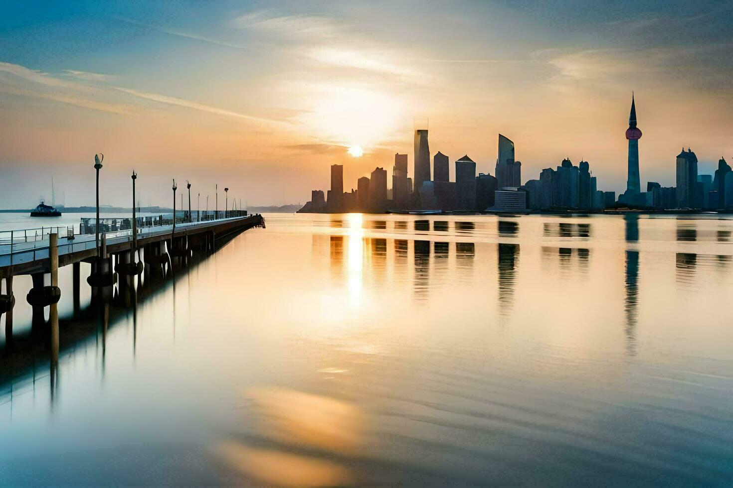 de stad horizon is weerspiegeld in de water Bij zonsondergang. ai-gegenereerd foto