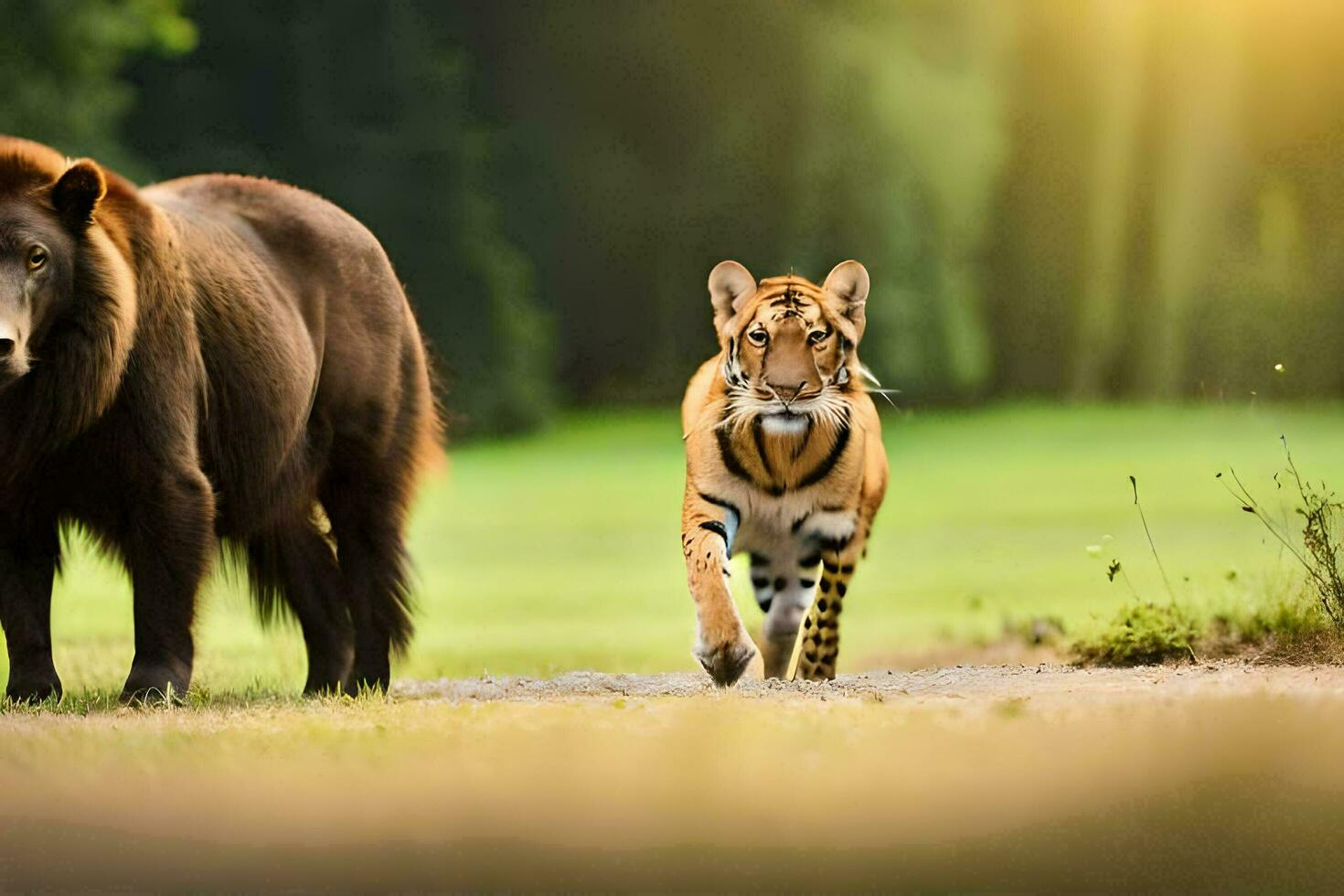 een tijger en een beer wandelen in de bossen. ai-gegenereerd foto