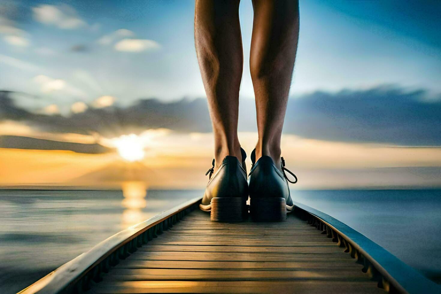 een vrouw staand Aan een dok met haar schoenen Aan. ai-gegenereerd foto