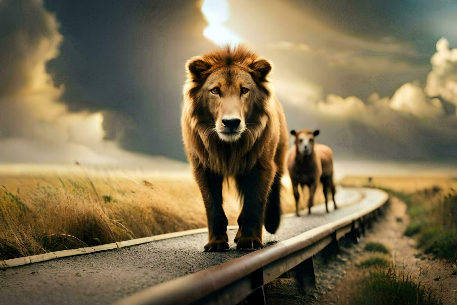 twee leeuwen wandelen Aan een weg met een bewolkt lucht. ai-gegenereerd foto