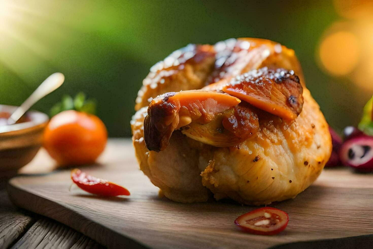 een kip met tomaten en paprika's Aan een houten snijdend bord. ai-gegenereerd foto