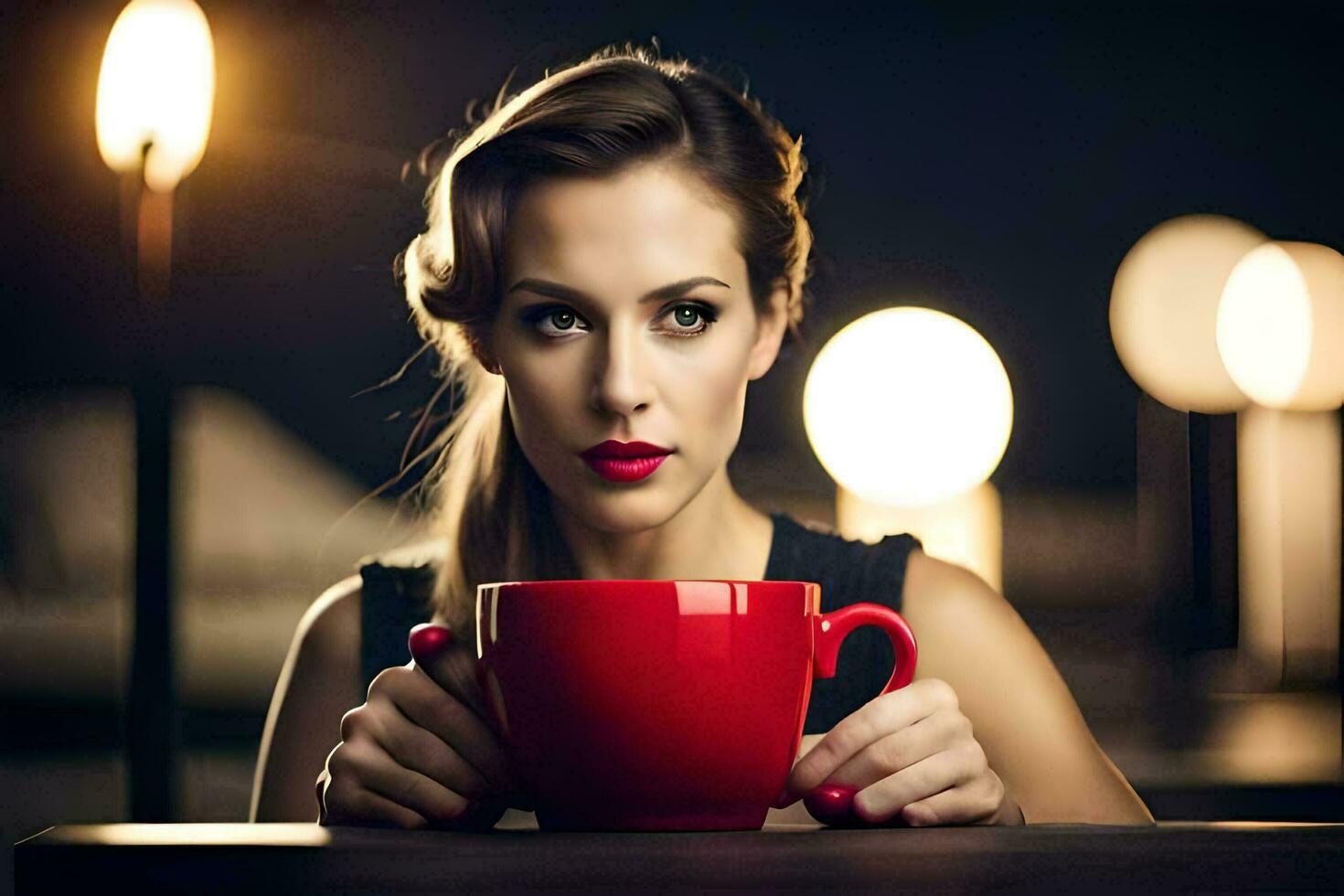 een vrouw Holding een rood kop in voorkant van haar. ai-gegenereerd foto