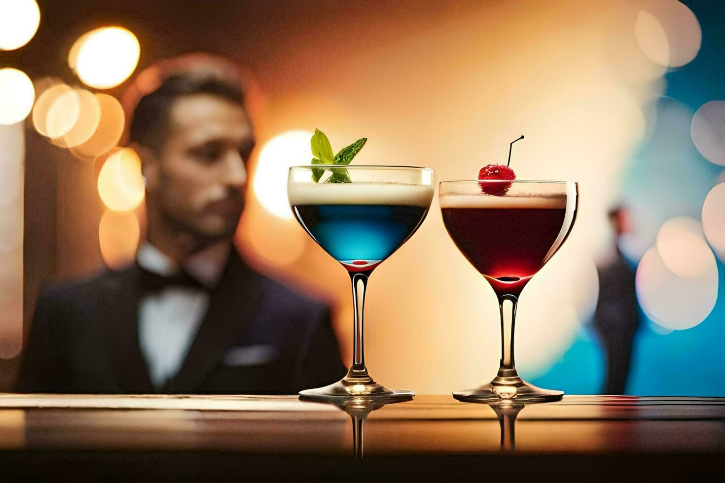 twee bril van cocktails met een Mens in een smoking. ai-gegenereerd foto