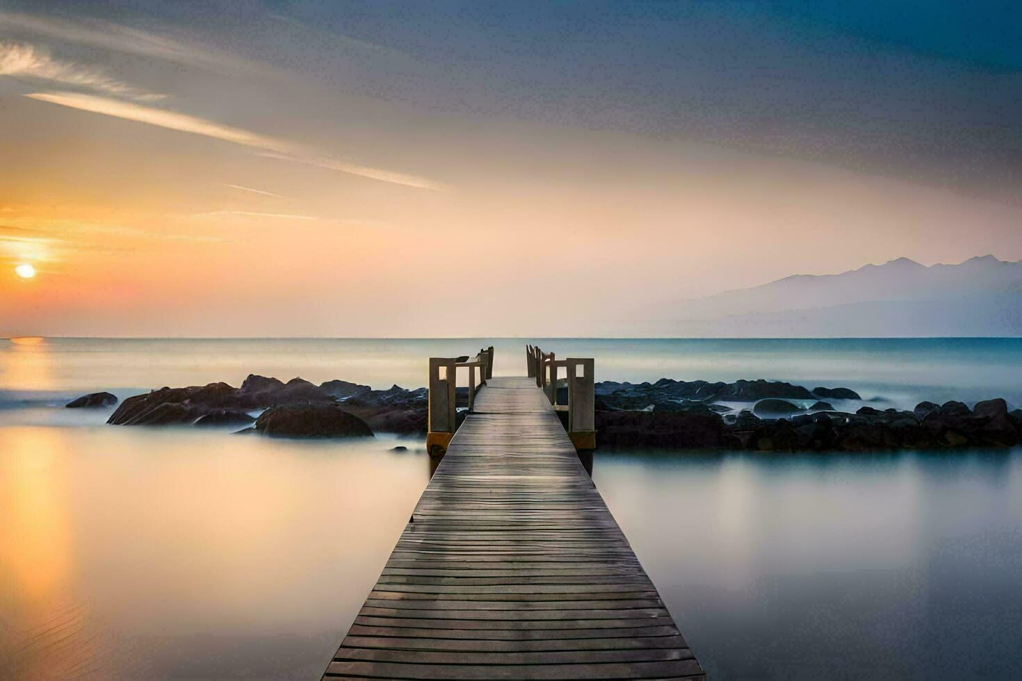 een houten pier strekt zich uit uit in de oceaan Bij zonsondergang. ai-gegenereerd foto