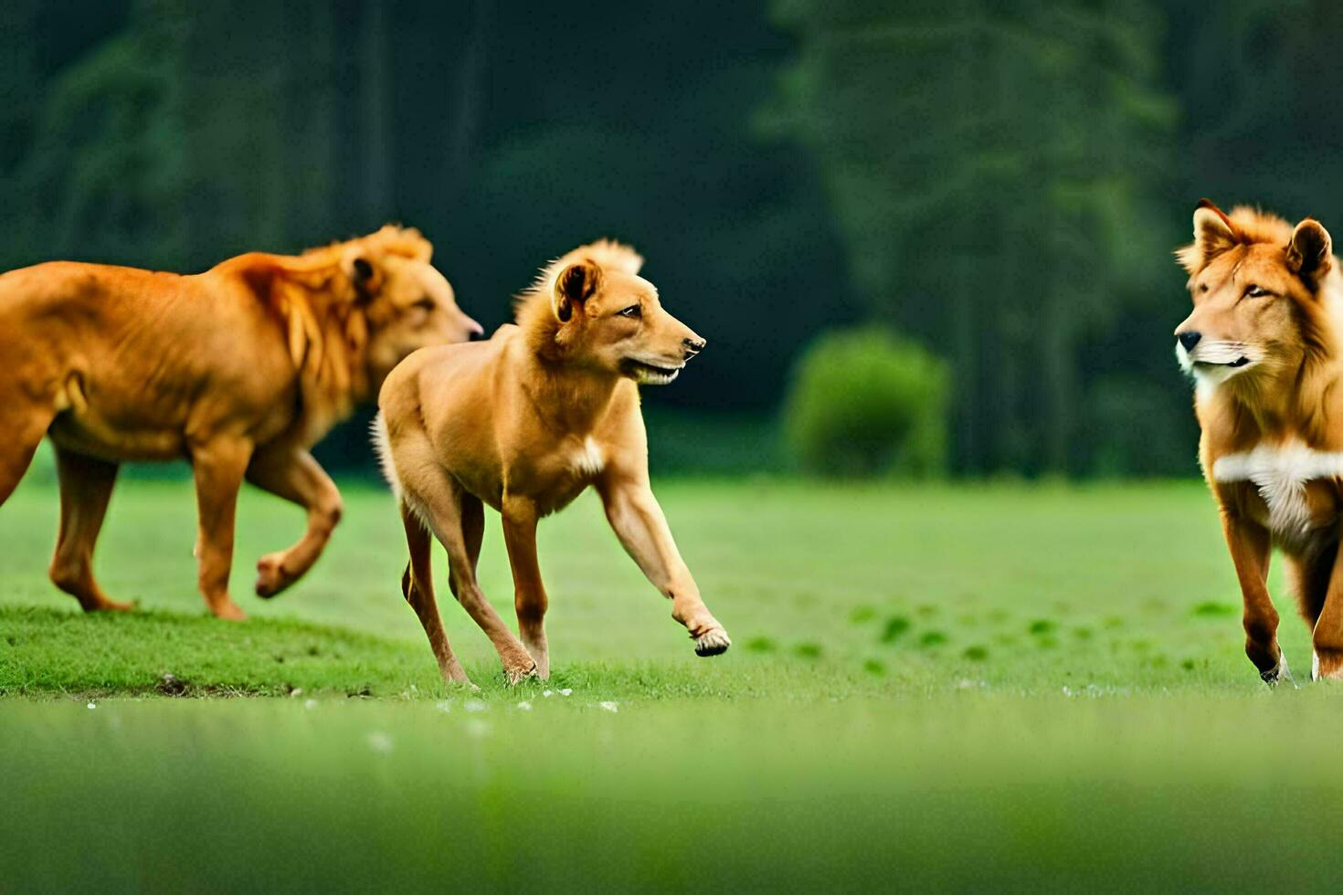 drie leeuwen rennen in de gras. ai-gegenereerd foto