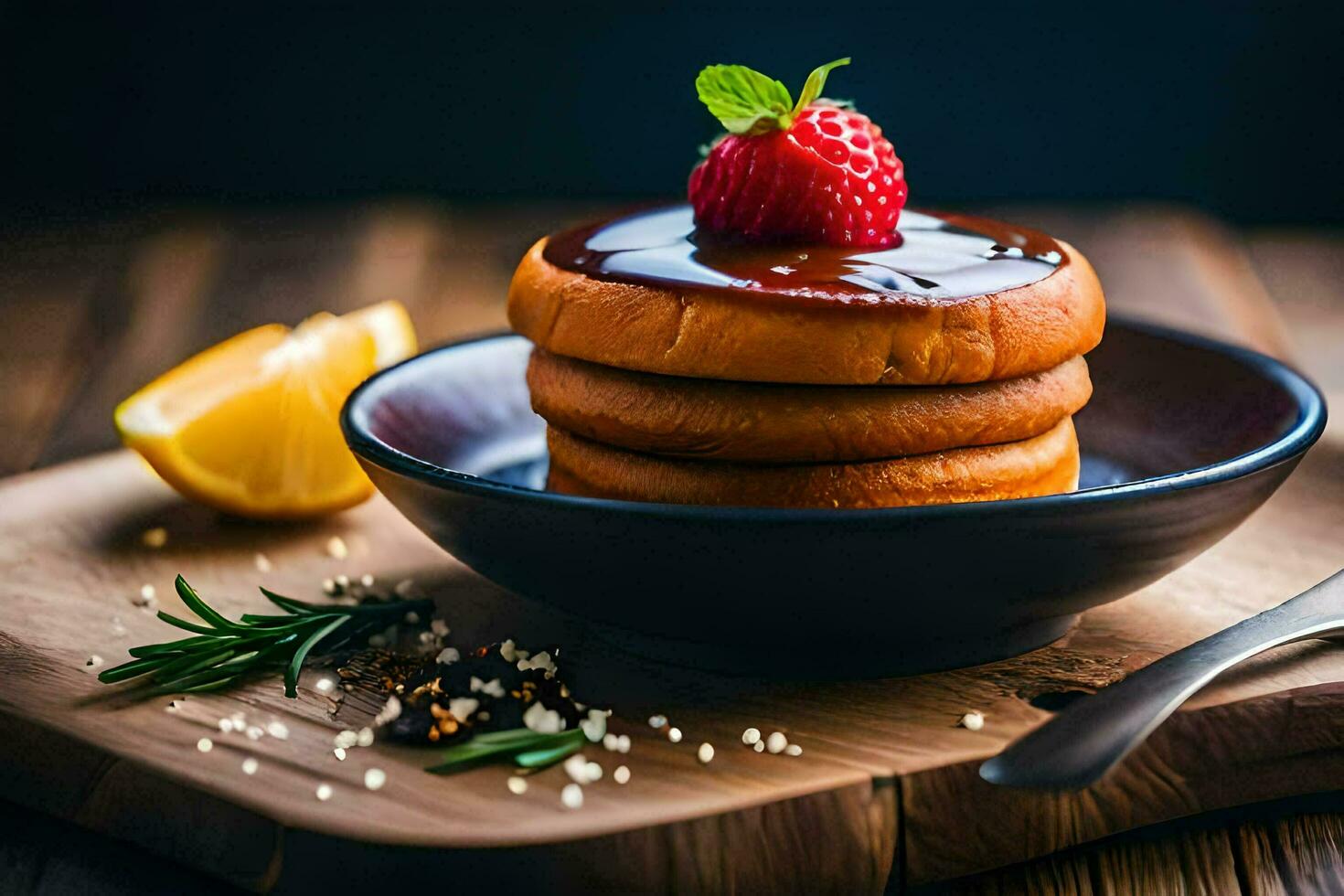 stack van pannekoeken met aardbei en siroop Aan een houten tafel. ai-gegenereerd foto