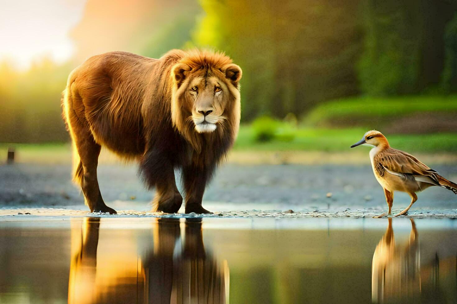 een leeuw en een vogel staand De volgende naar elk ander. ai-gegenereerd foto