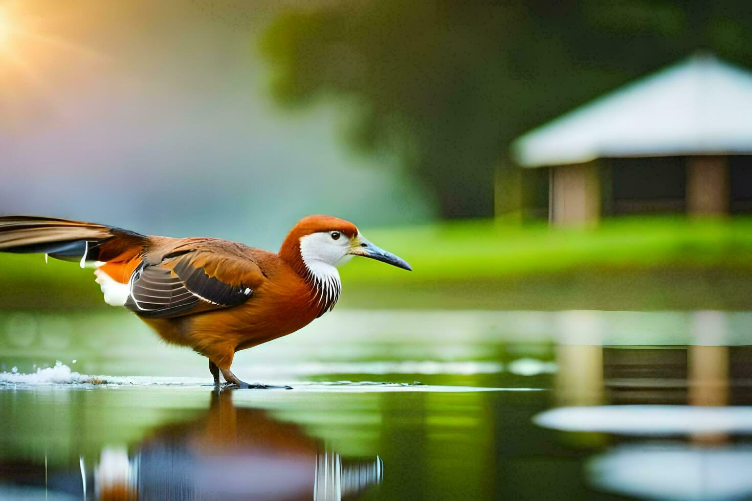 een vogel staand Aan de water met haar Vleugels verspreiding. ai-gegenereerd foto