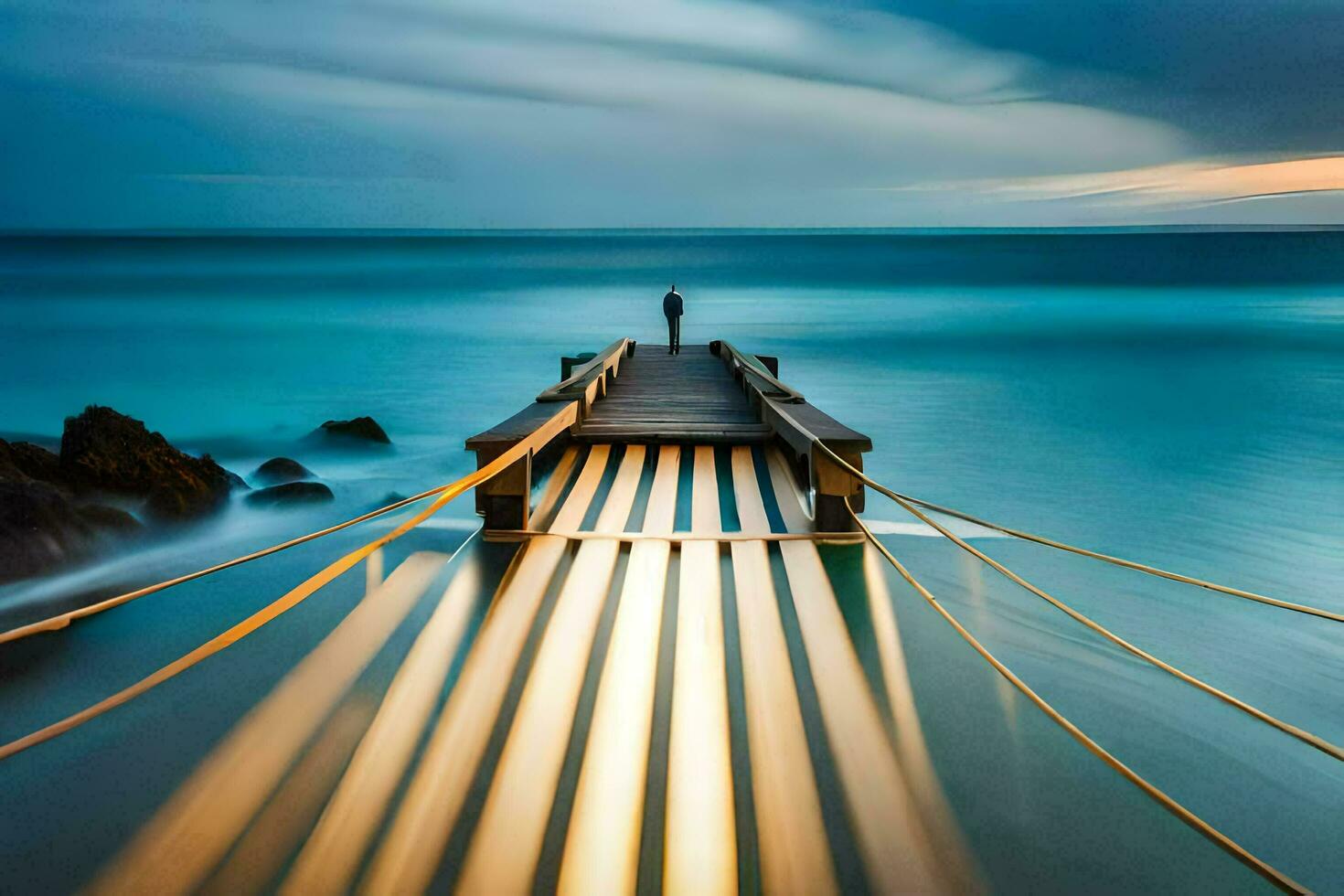 een lang blootstelling fotograaf van een pier in de oceaan. ai-gegenereerd foto