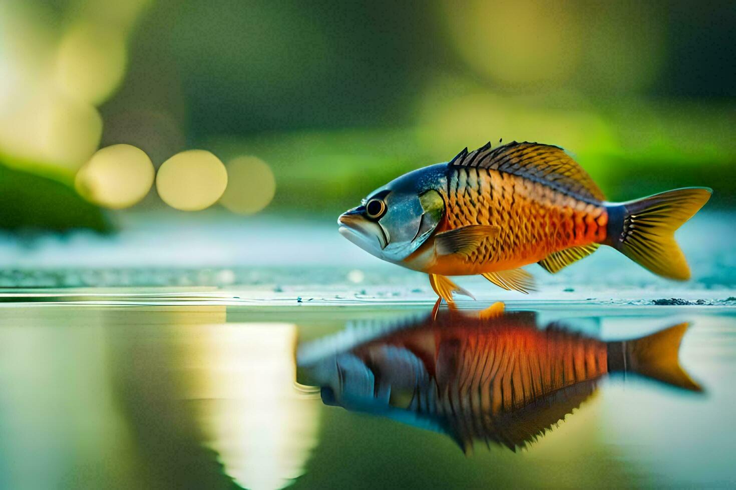 een vis is staand Aan de water met haar reflectie. ai-gegenereerd foto