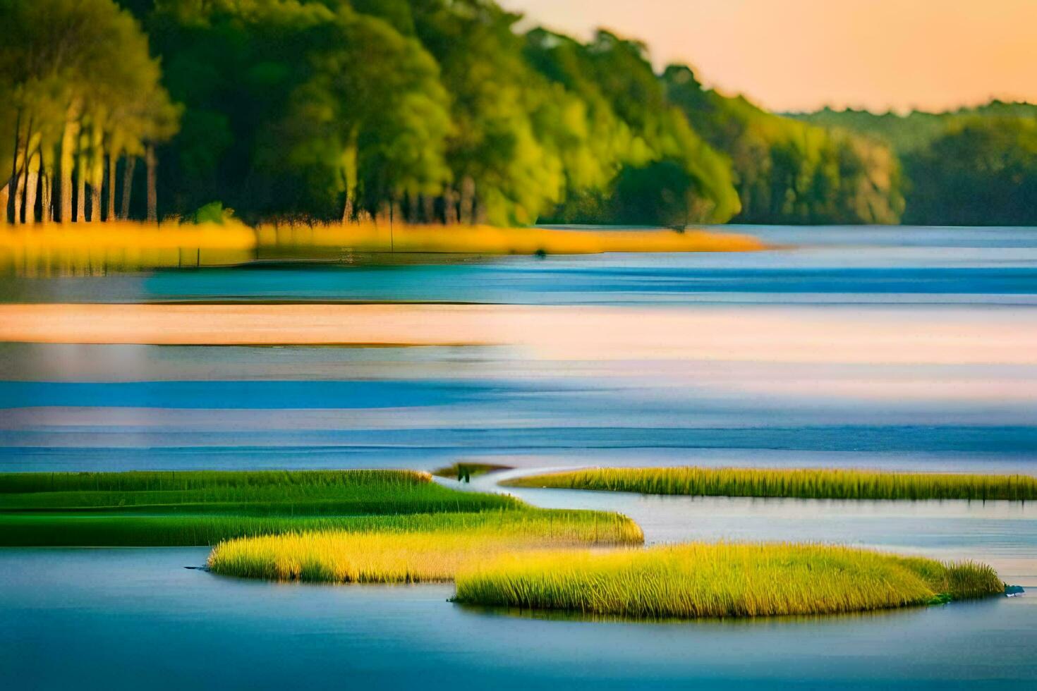 een mooi zonsondergang over- een meer met gras en bomen. ai-gegenereerd foto