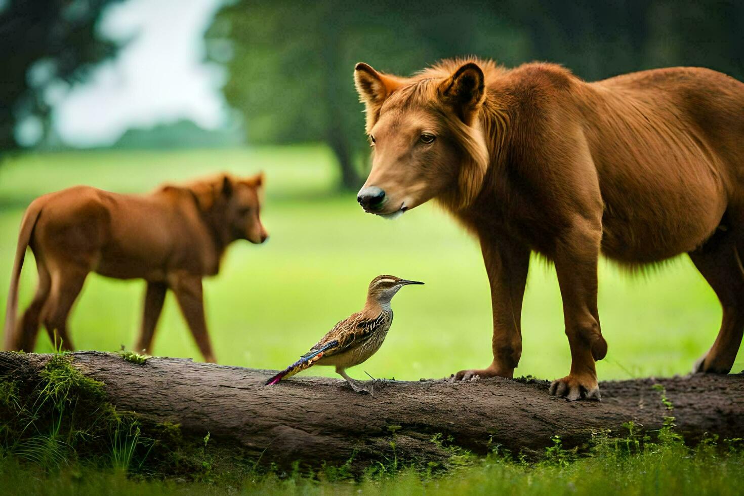 een vogel en een leeuw staand Aan een logboek. ai-gegenereerd foto