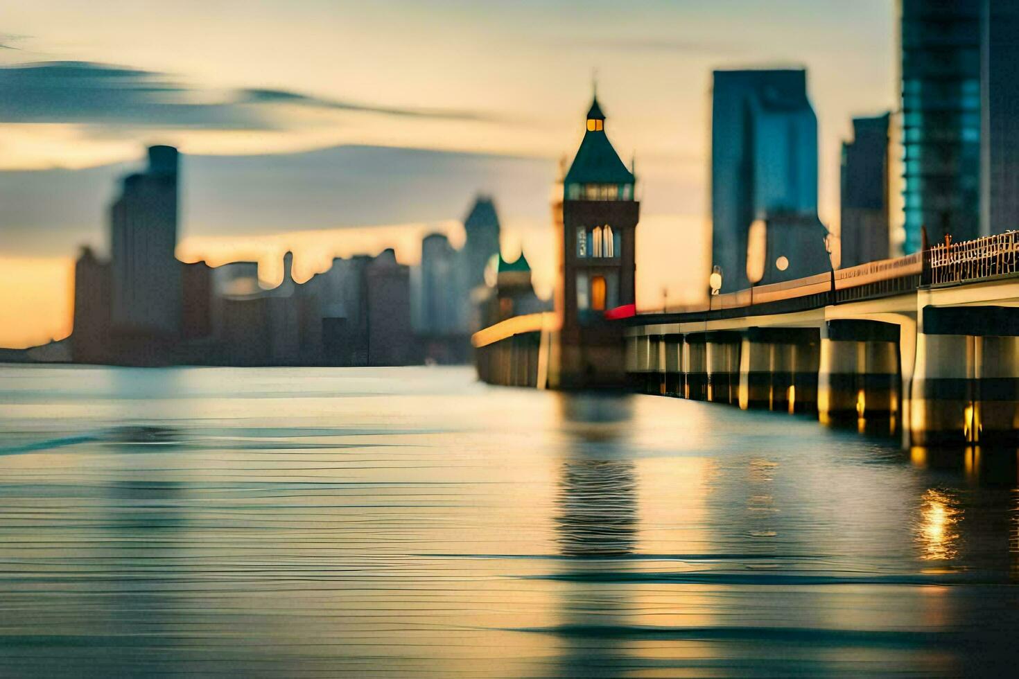 een brug over- water met een stad horizon in de achtergrond. ai-gegenereerd foto