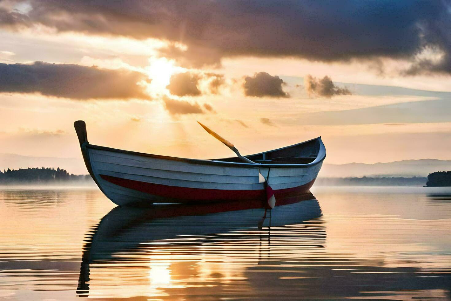 een boot Aan de water Bij zonsondergang. ai-gegenereerd foto