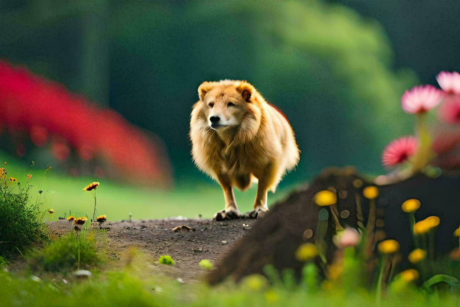 een leeuw wandelen Aan een aarde pad omringd door bloemen. ai-gegenereerd foto