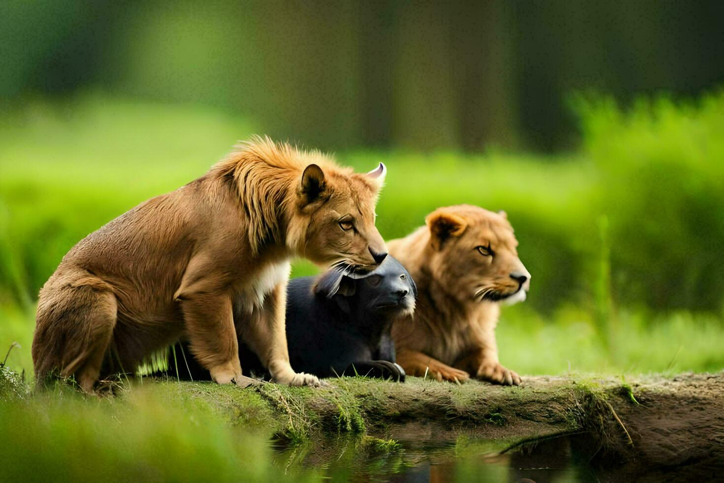 twee leeuwen en een hond zittend Aan een logboek. ai-gegenereerd foto